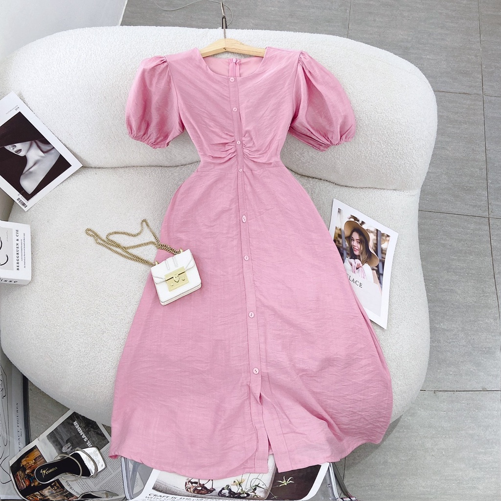 ĐẦM MIDI HỒNG  CỔ TRÒN NHÍU NGỰC TAY BỒNG