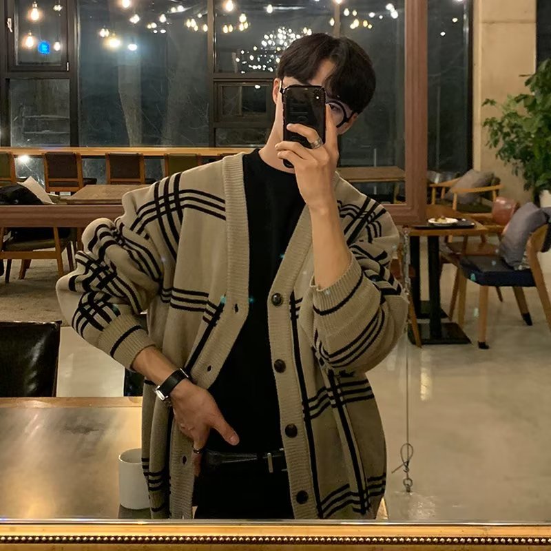 Áo khoác nam cardigan dệt kim cổ chữ  dáng form rộng nam áo len cardigan unisex simple áo len nam Hàn Quốc đen áo len cardigan nam bigsize cotton áo len tay dài
