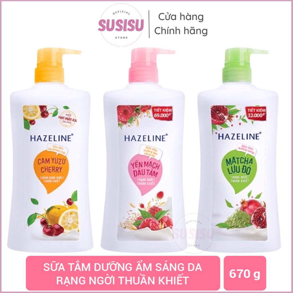 Sữa tắm trắng da HAZELINE Yến Mạch Dâu Tằm 670g (Hồng)|Sữa tắm nữ HAZELINE Matcha Lựu Đỏ (Xanh Lá)|Cam cherry