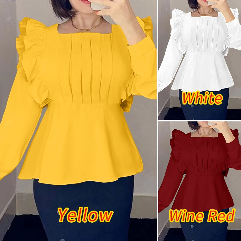 Áo ZANZEA cổ vuông màu trơn phối bèo thời trang Châu Âu cho phái nữ