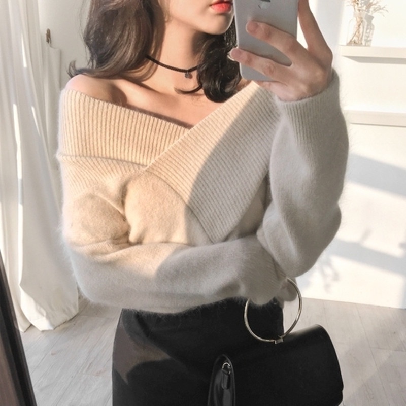 SUXI Áo Sweater Dệt Kim Cổ Chữ V Trễ Vai Quyến Rũ Thời Trang Cho Nữ Phong Cách Hàn Quốc