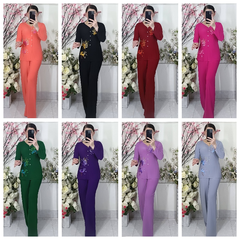 Bộ Bà Ba Thêu Cúc Ống Rộng (Thêu Trên Vải)