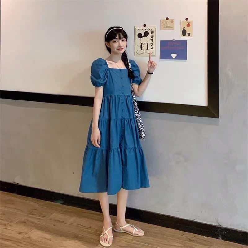 Váy Xanh Dáng Baby Doll Cúc Bọc Kèm Dây Buộc Tóc