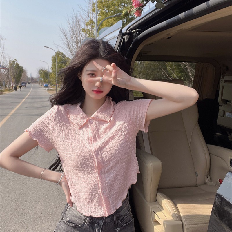 Áo ZHELIHANGFEI polo dệt kim ngắn tay thiết kế lệch tà cá tính