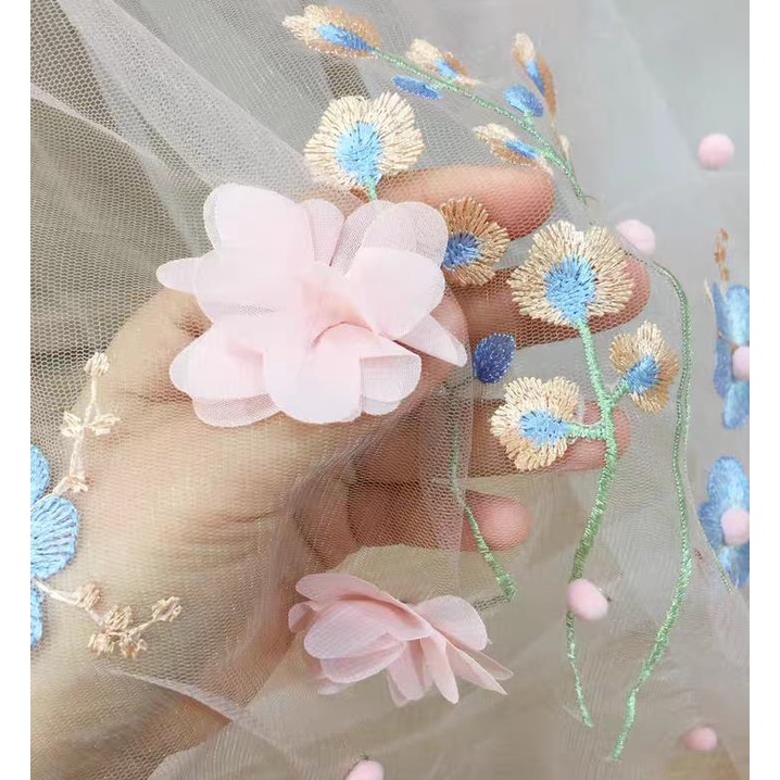 Vải ren lưới 3D mềm mại dùng may váy xinh xắn