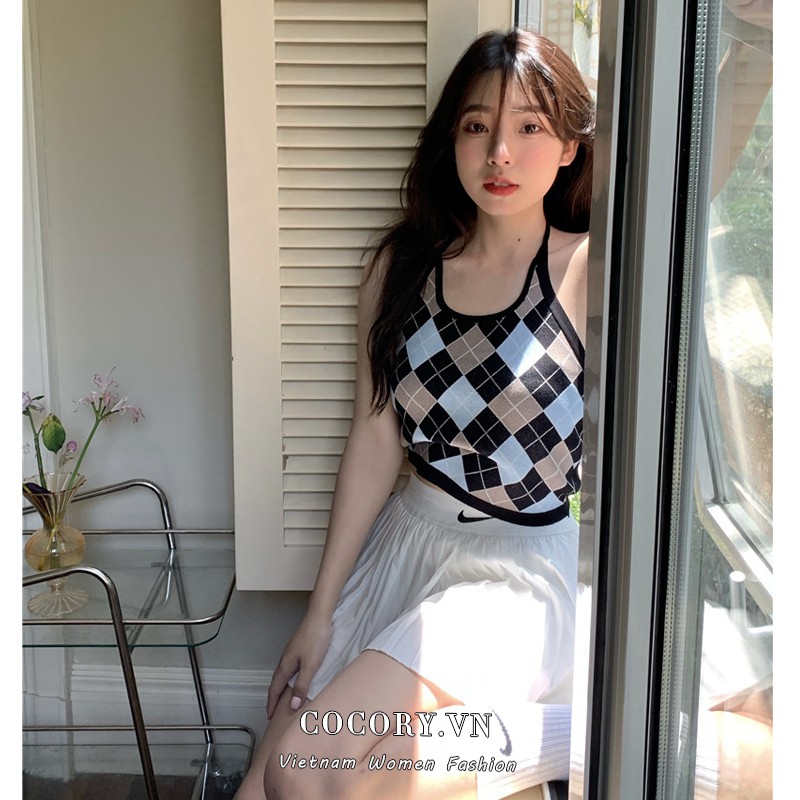 Cocory vn Áo Hai Dây Dệt Kim Hoạ Tiết Kẻ Caro Gợi Cảm Thời Trang Mùa Hè Cho Phụ Nữ