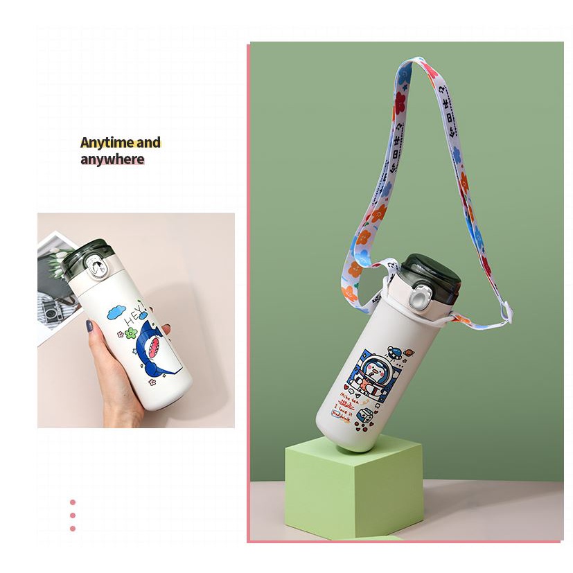 Bình giữ nhiệt Inox Trắng nắp cài Bình nước cute Hình thú Chim cánh cụt Trà sữa Baby Shark dễ thương 400ml