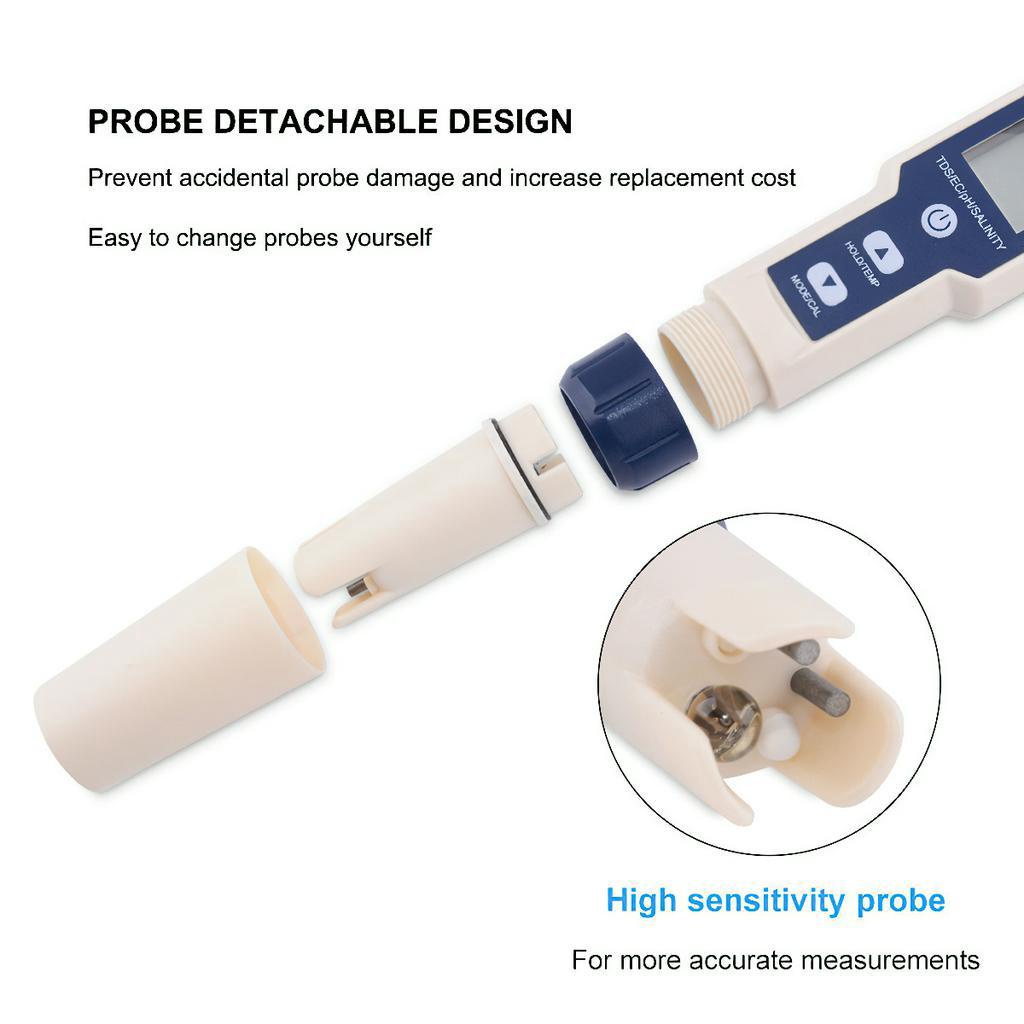 Bút đo độ mặn của nước 5 trong 1 pH/TDS/EC/độ mặn/nhiệt độ kèm 3 gói pH chuẩn