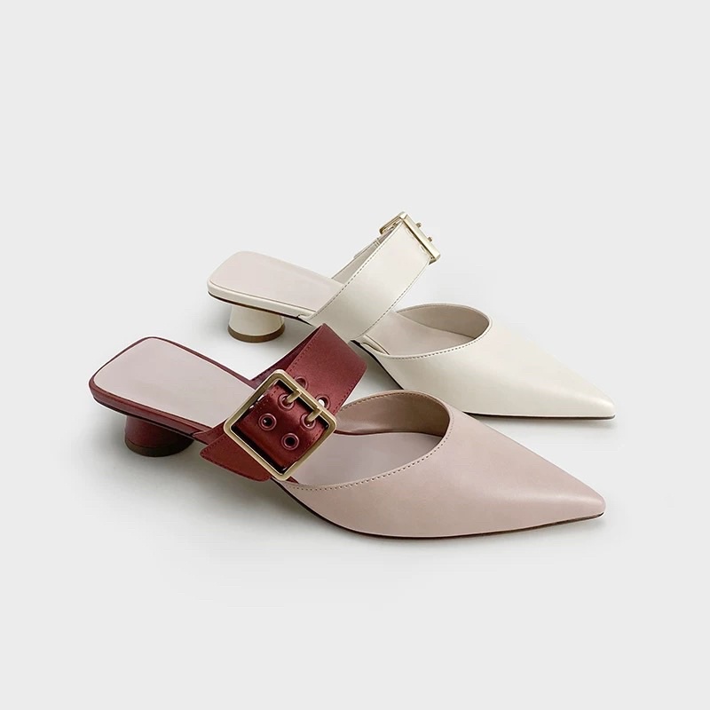 Giày sục cho nữ mũi nhọn quai ngang khuy cài vuông đế cao 3cm