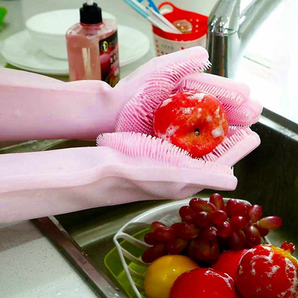 (𝗚𝗶𝗮́ 𝗦𝗶̉) Găng gang tay silicon rửa bát tạo bọt siêu dày (1 đôi) - vệ sinh nhà cửa