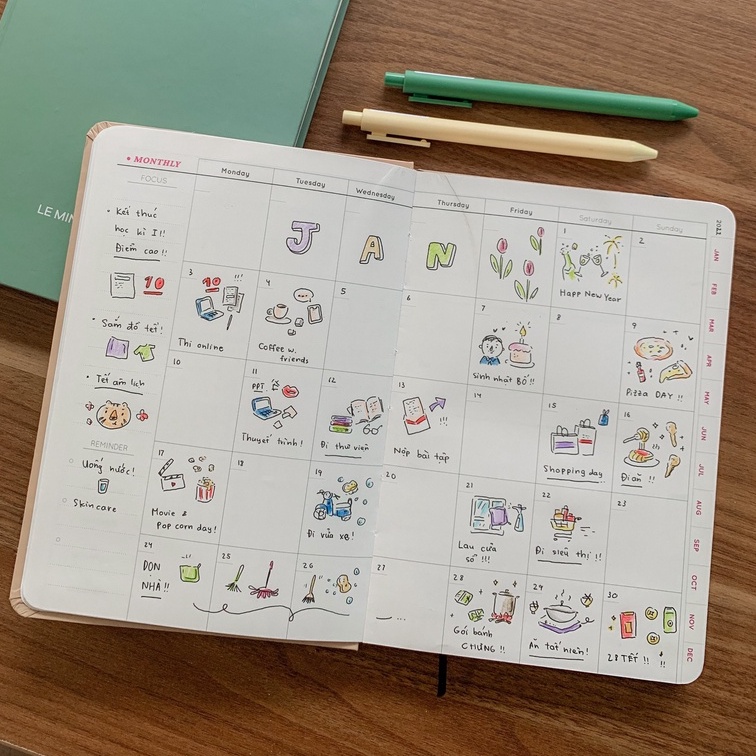 Sổ lịch planner A5 Crabit Sổ kế hoạch 12 tháng không in ngày bìa pastel có túi bìa sau