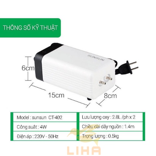 Máy Sủi Oxy 2 Vòi Sunsun CT-402 (4W-2x2.8Lít/Phút) - Máy Oxi Siêu Êm Cho Bể Cá