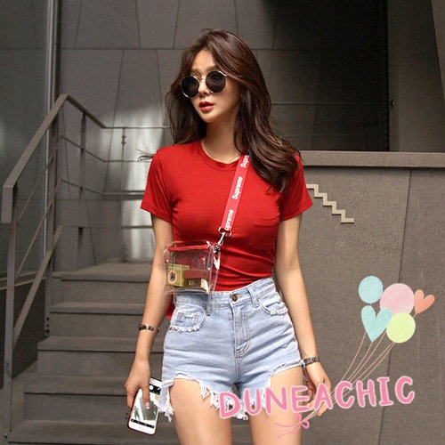 DUNEA Set Áo Thun Ngắn Tay Cổ Tròn + Quần Short Jeans Lưng Cao Thời Trang Nữ