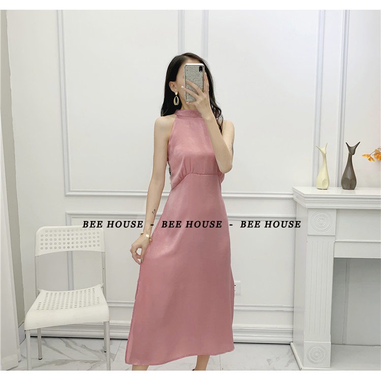 Đầm cổ yếm hở lưng màu hồng ngọt ngào - A17F