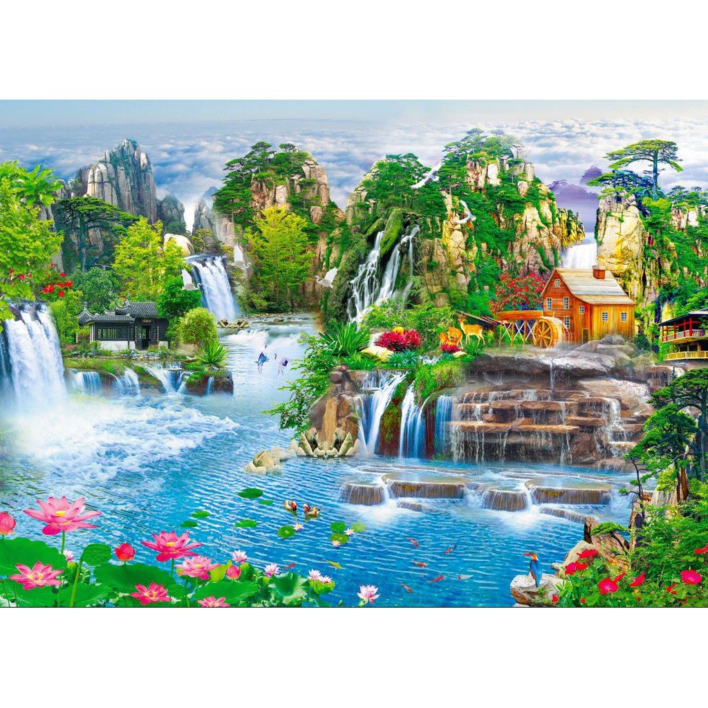 Tranh dán tường  phong thủy  3D   - VẢI LỤA  phủ kim sa