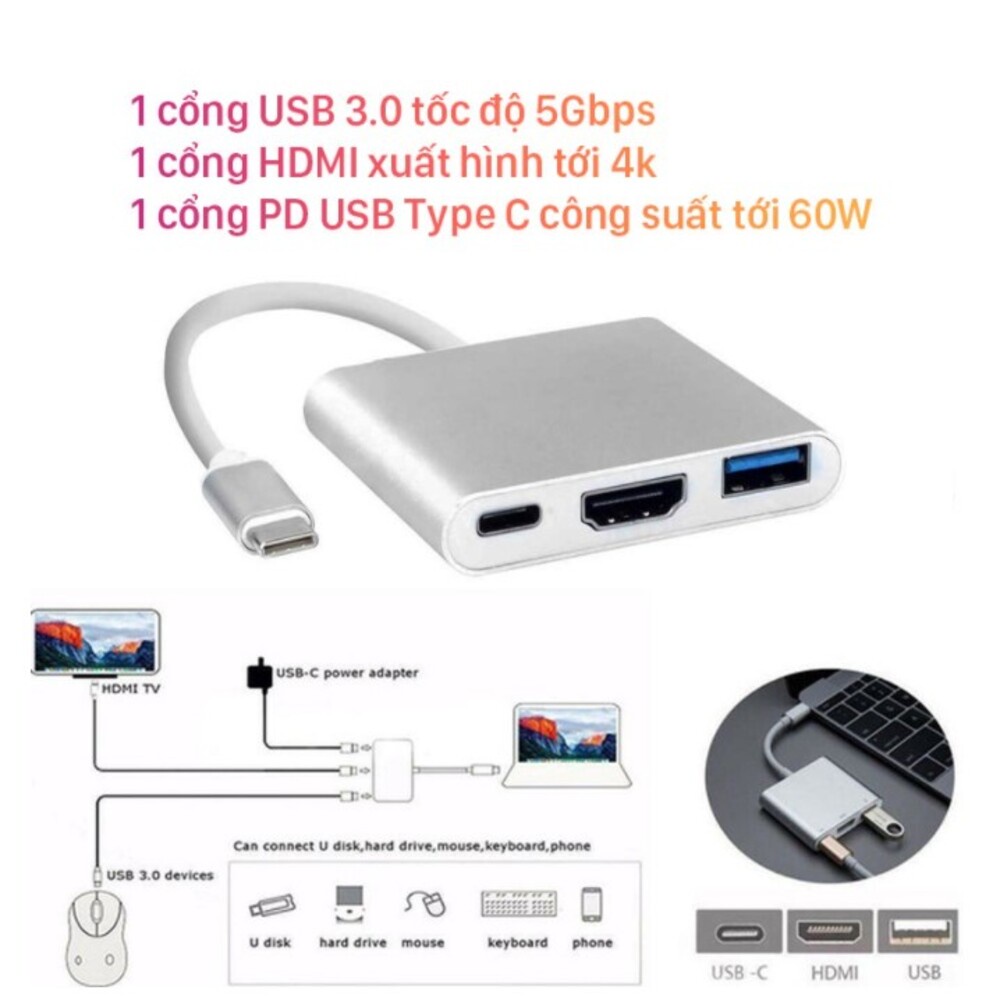 ADAPTER USB C 3 IN 1  HDMI + USB + TYPE C
