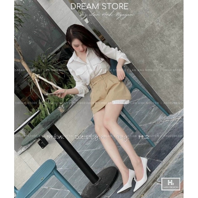 Set áo sơmi lụa trắng tay dài chân váy nâu có túi Đầm váy đi chơi dạo phố du lịch công sở sang trọng đơn giản hotgirl tk