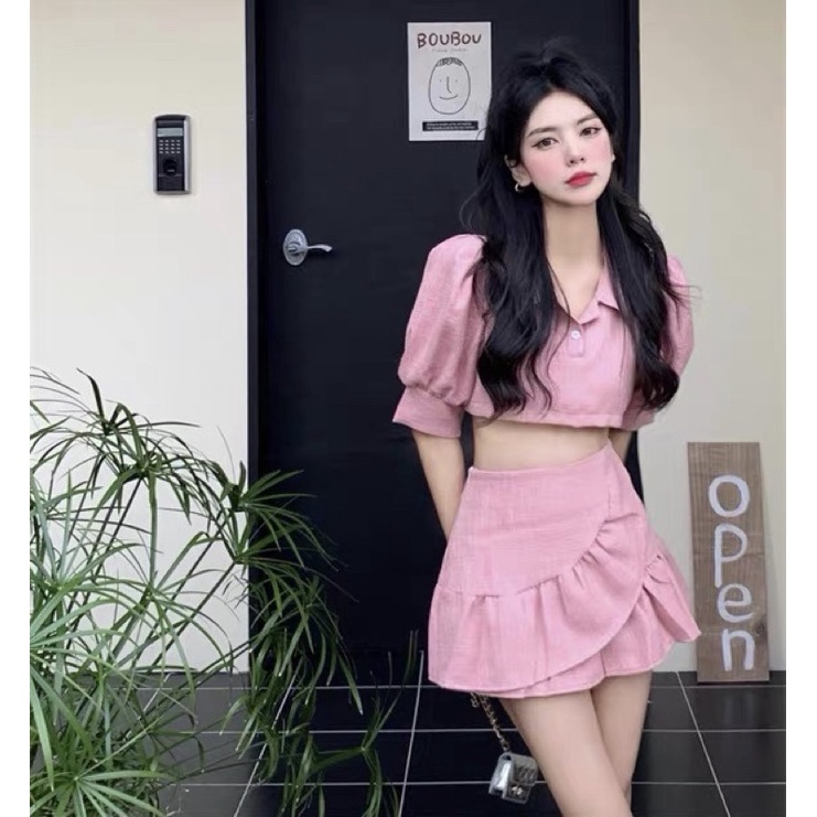Set Áo Croptop Tay Phồng Cổ Bẻ POLO + Chân Váy Đắp Chéo Siêu Xinh