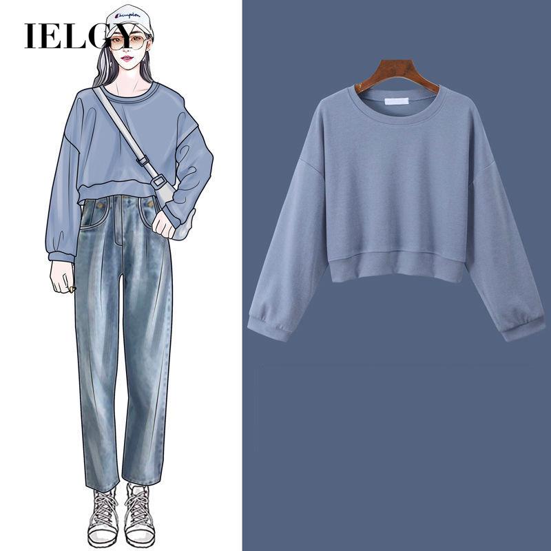Áo sweater IELGY tay dài cổ tròn màu trơn phong cách Hàn Quốc thời trang cho nữ