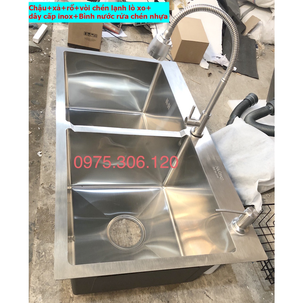 [CHẬU ĐÚC} Chậu Rửa Chén Bát INOX SUS 304 N5 8245 NA.GRAND và xả và Rổ và Vòi chén lò xo lạnh và Bình rửa chén nhựa