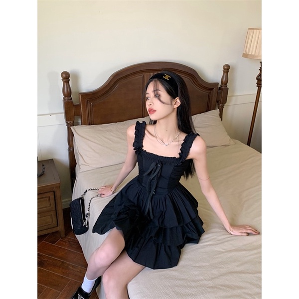 Váy hai dây đen xoè corset new trend 2023 cá tính váy ngắn gothic lolita âu mĩ cosplay