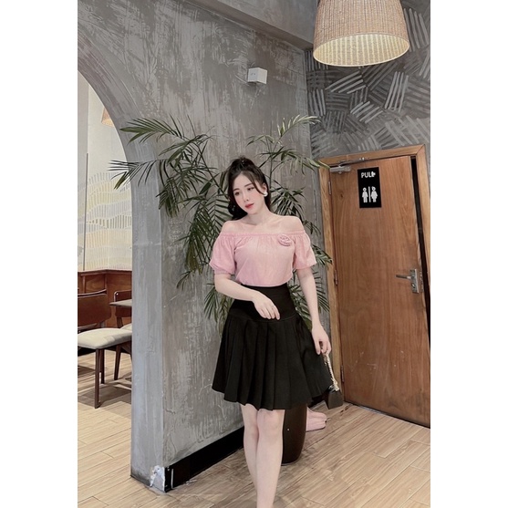 Set áo trễ vai chân váy xếp ly thiết kế dễ thương chất liệu tơ đũi không nhăn a19