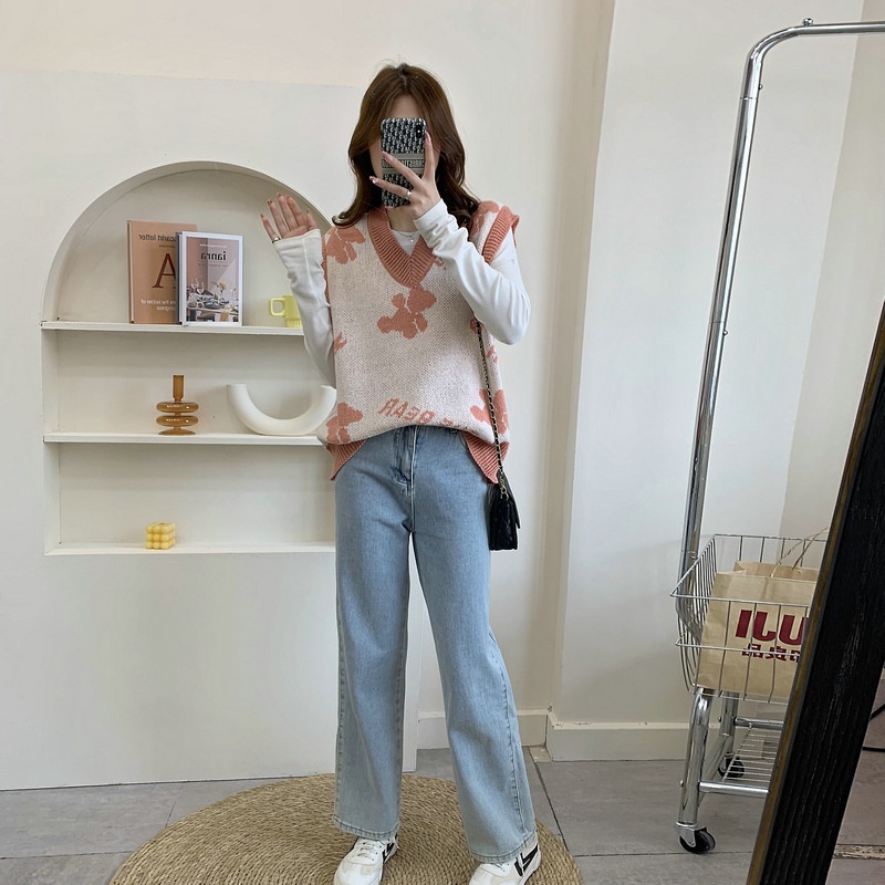 IELGY  Áo sweater Dệt Kim Không Tay Dáng Rộng In Hình Gấu Dễ Thương Cho Nữ