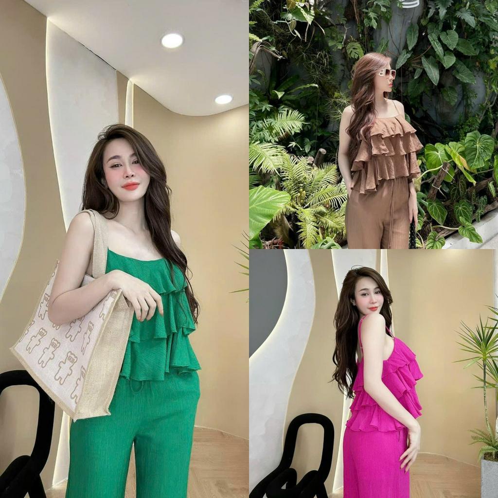 Sét bộ đồ nữ đũi xước áo 2 dây xếp tầng sang trọng quý phái mix quần dài tôn dáng trẻ trung đi chơi dự tiệc xinh xắn