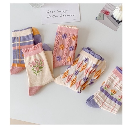 Vớ cổ cao  bông hoa sọc xoăn cổ hồng xanh pastel