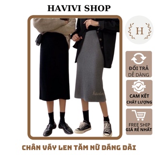 Chân váy nữ chân váy len tăm dáng dài qua gối co giãn xẻ tà ôm body