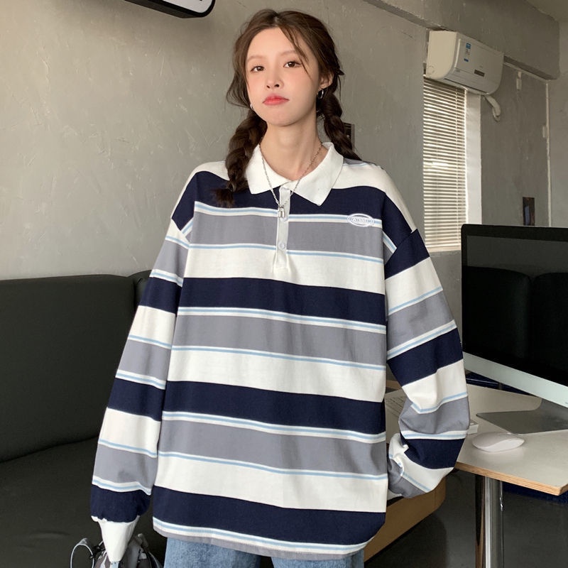 Áo sweater cổ polo dáng rộng kẻ sọc thời trang cho nữ