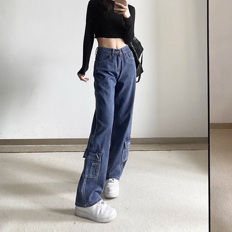 Quần Jeans Dài Lưng Cao Ống Đứng Có Túi Thời Trang Cho Nữ