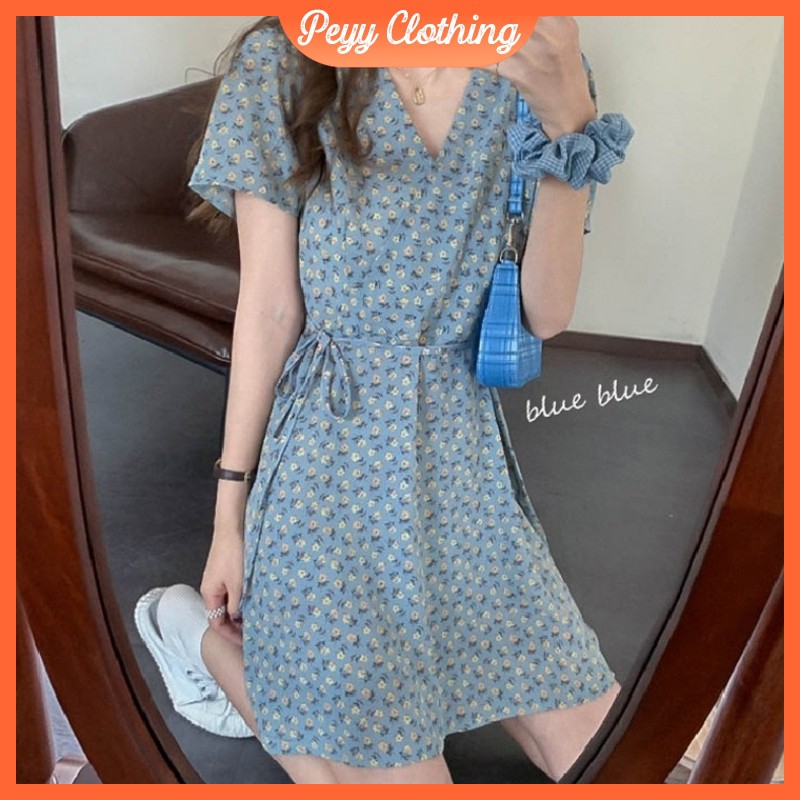 Đầm hoa nhí vintage xanh pastel dáng ngắn cổ tim ulzzang Hàn Quốc V88 - Peyy Clothing | BigBuy360 - bigbuy360.vn