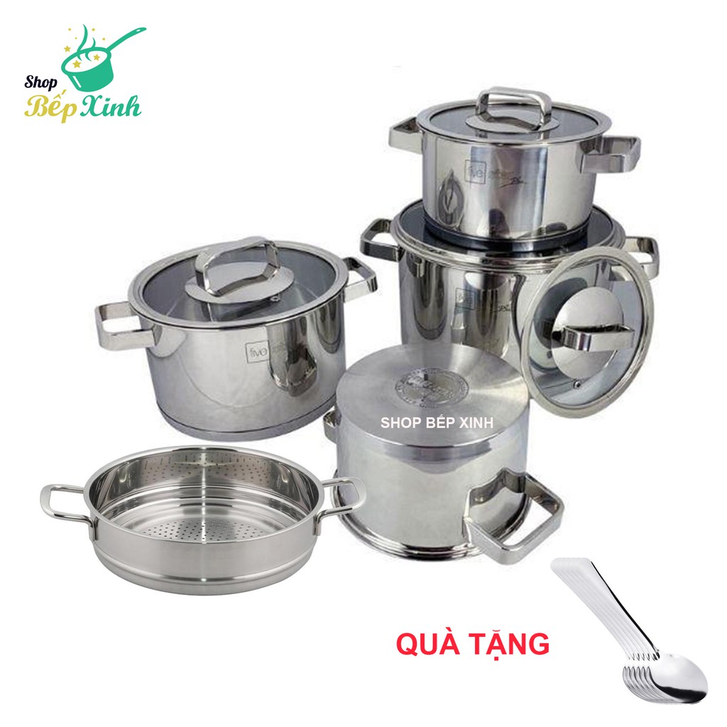 [Mã SR11JUNE5 giảm 20K đơn 50K] Bộ nồi inox 304 bếp từ 3 đáy và xửng hấp inox 24cm Fivestar nắp kính tặng 2 muỗng canh