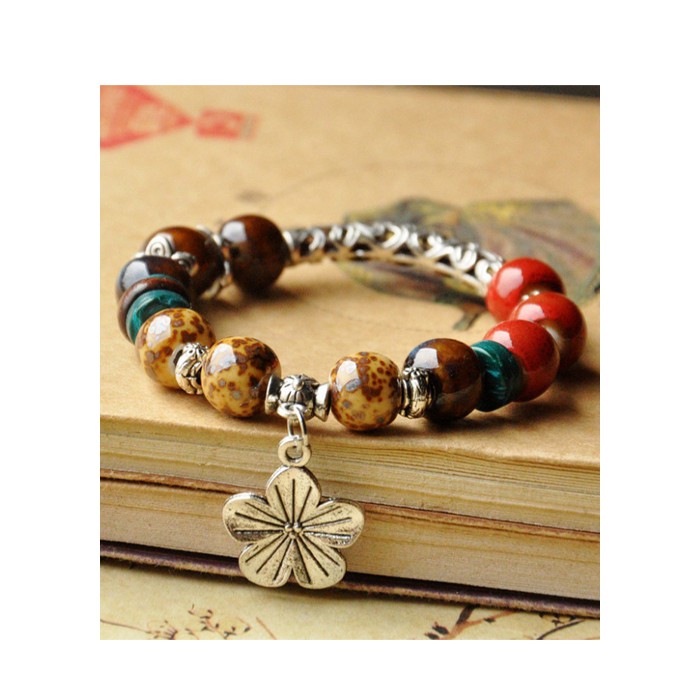 Vòng tay gốm charm hoa 5 cánh Vintage xuất Nhật VGOM18