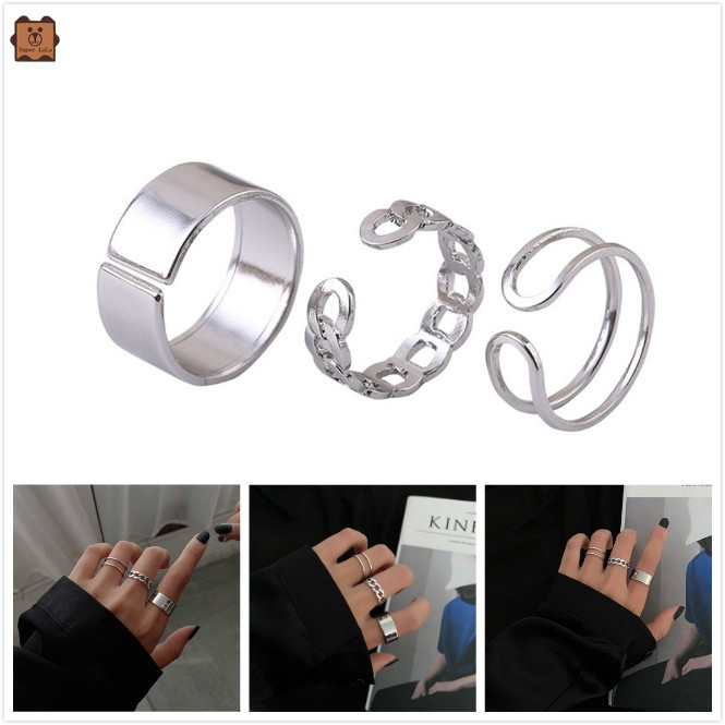 Set 3 Nhẫn Đeo Tay Kim Loại Phong Cách Hip Hop Dành Cho Nữ