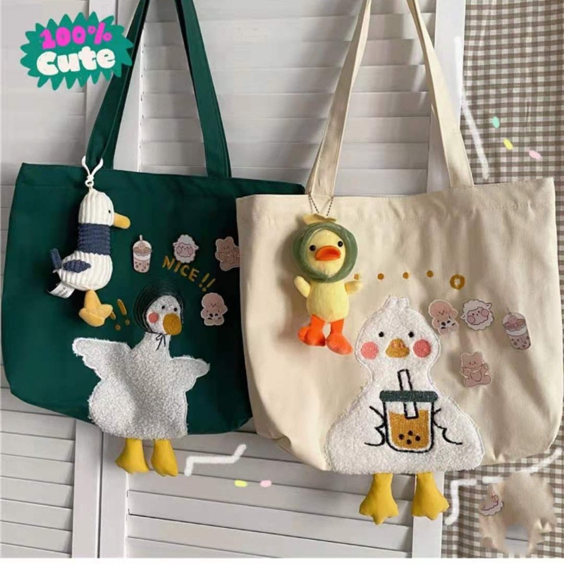 Túi Đeo Vai Vải Canvas Cỡ Lớn In Hình Vịt Hoạt Hình Phong Cách Hàn Quốc Dễ Thương Cho Học Sinh