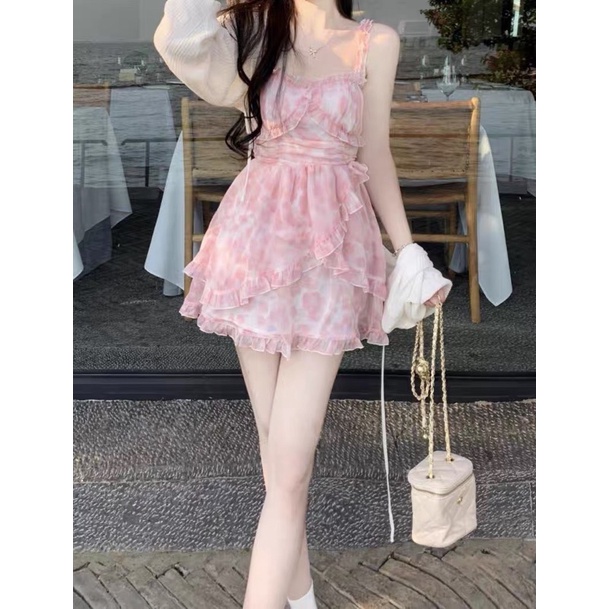 SET ĐẦM HOA LOANG HỒNG BÈO NGỰC 2 DÂY + ÁO KHOÁC TRẮNG