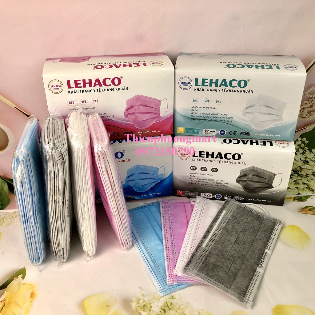 Khẩu trang Y tế Lehaco 4 lớp giấy kháng khuẩn Màu Xanh/ Hồng/ Trắng / Xám 4 lớp 50 cái/ hộp