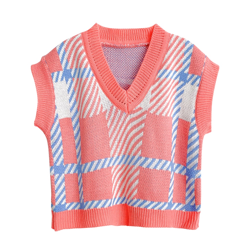 Áo dệt kim sát nách cổ chữ V dáng rộng họa tiết kẻ sọc màu hồng phong cách Hàn Quốc