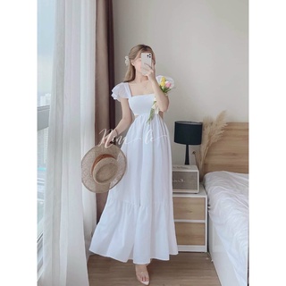 Đầm maxi khoét eo bèo vai cột nơ lưng ( có mút )