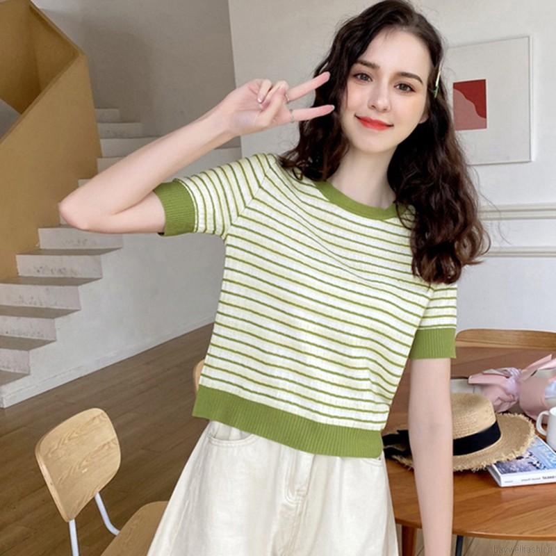 Áo Thun Nữ Ngắn Tay Cổ Tròn Sọc Ngang Thời Trang Hàn Quốc
