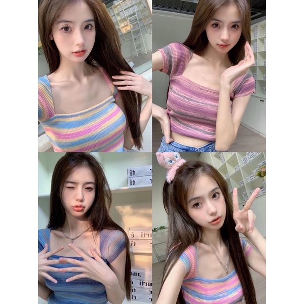 áo len dệt kim cổ vuông kiểu phối màu nổi bật (70117#)