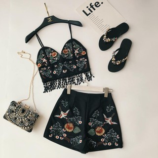 Set quần áo hai dây thêu hạc tua rua