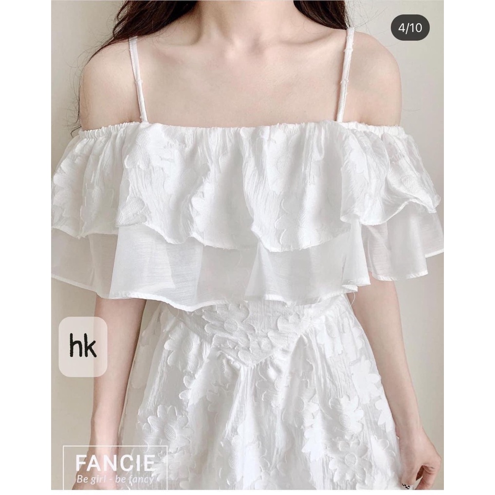 Váy Ren Trễ Vai Gấm Hoa 2 Dây Bánh Bèo, Đầm Ren Gấm Hoa Trễ Vai 2 Dây Bánh Bèo ShopXinh888888