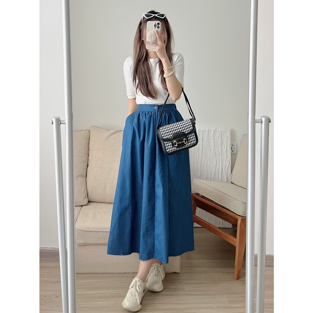 [SẴN/VIDEO] CHÂN VÁY DENIM DÁNG DÀI CẠP CHUN SIÊU XINH