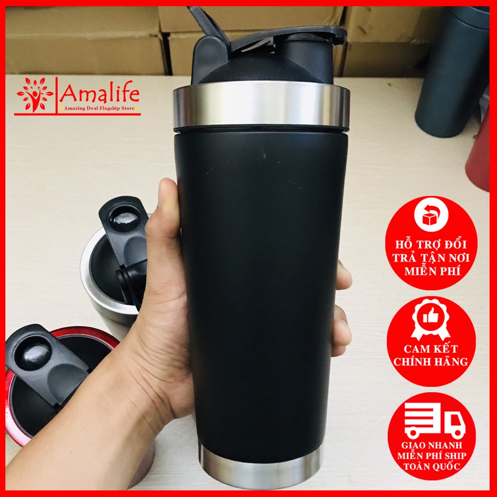 [Tặng Kèm Lắc Lò Xo - Màu Đen Viền Bạc] Bình Lắc Tập Gym Inox 304 800ml – Màu Đen Bạc – Bình Lắc Tập Gym Yoga Thể Thao