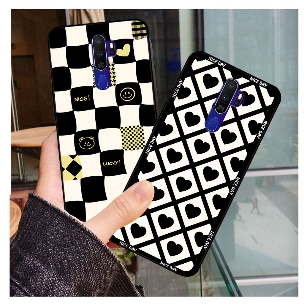 Ốp lưng Oppo A5 2020 / Oppo A9 2020 in hoạ tiết caro trái tim đen trắng, gấu bear cute đáng yêu