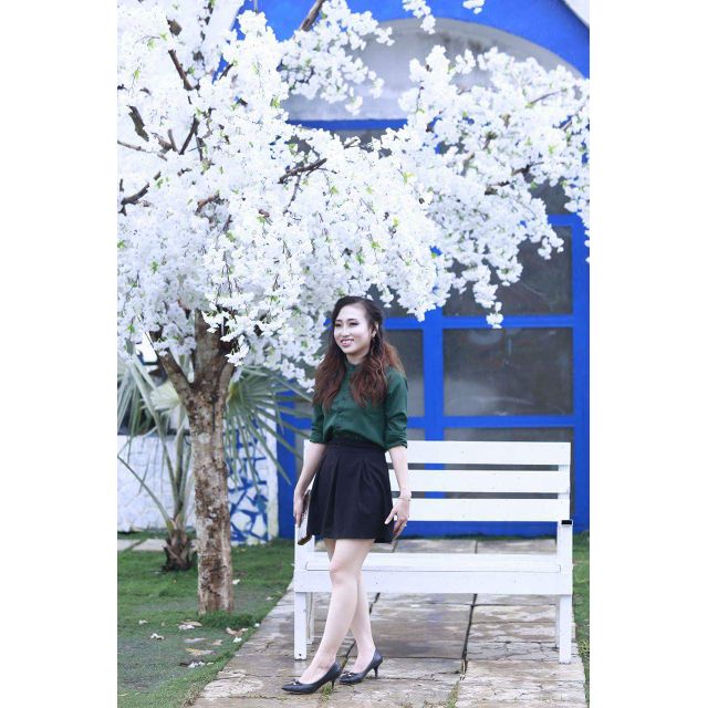 Áo sơ mi màu xanh rêu cổ trụ cực dễ thương