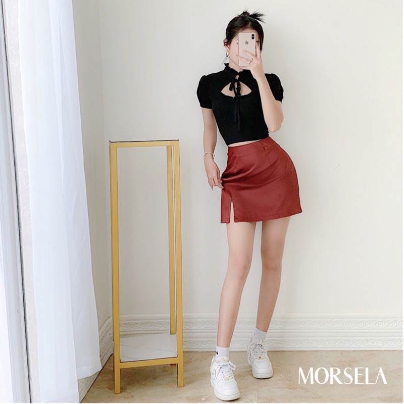 Áo croptop nữ tay phồng thắt Nơ cổ siêu xinh - áo crop top kiểu - Morsela